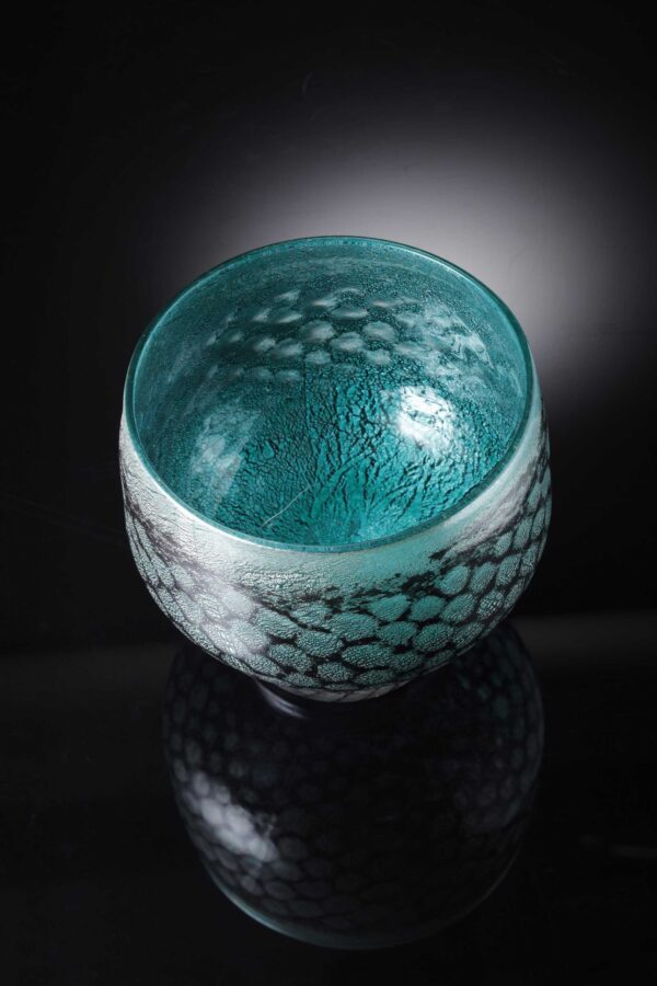 mermaid bowl by allister Malcolm. patterned glass with sterling silver leaf