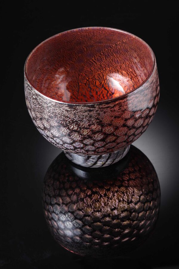 mermaid bowl by allister Malcolm. patterned glass with sterling silver leaf