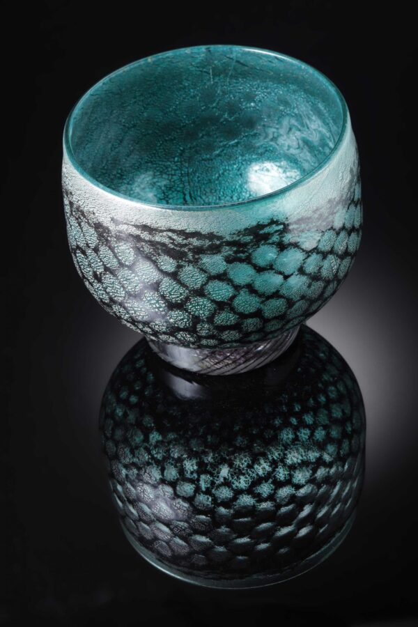 mermaid bowl by allister Malcolm. patterned glass with sterling silver leaf