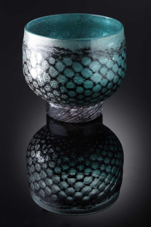 mermaid bowl by allister Malcolm. patterned glass with sterling silver leaf