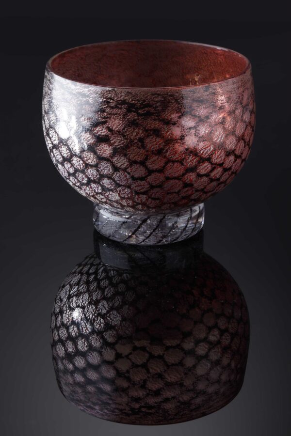 mermaid bowl by allister Malcolm. patterned glass with sterling silver leaf