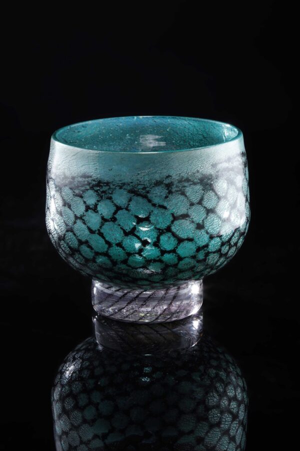 mermaid bowl by allister Malcolm. patterned glass with sterling silver leaf