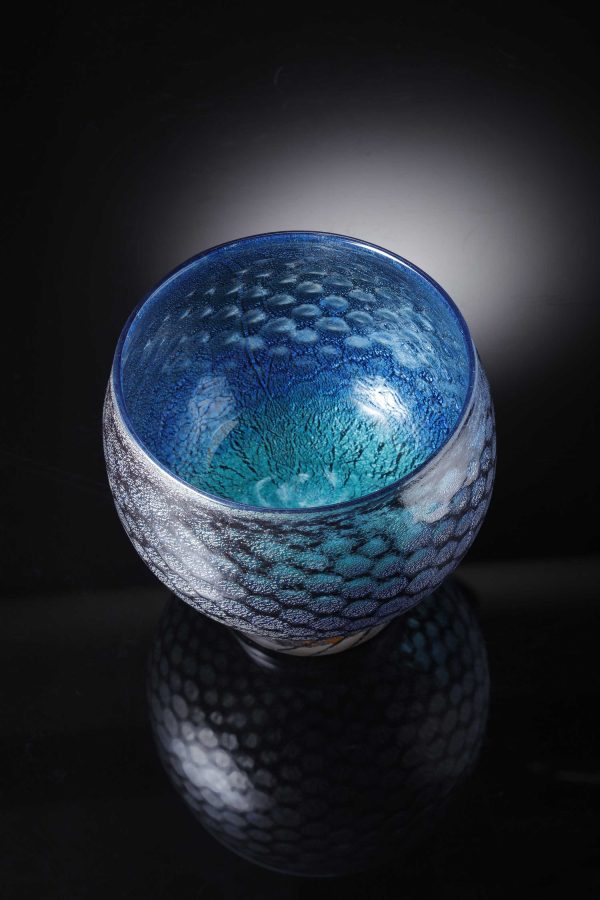 mermaid bowl by allister Malcolm. patterned glass with sterling silver leaf