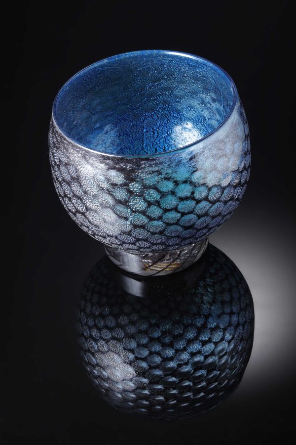 mermaid bowl by allister Malcolm. patterned glass with sterling silver leaf