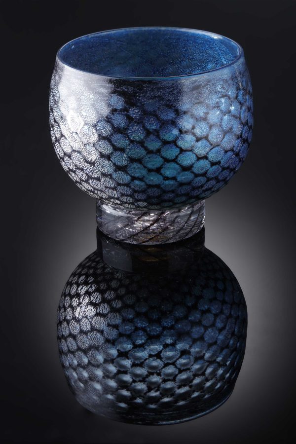 mermaid bowl by allister Malcolm. patterned glass with sterling silver leaf