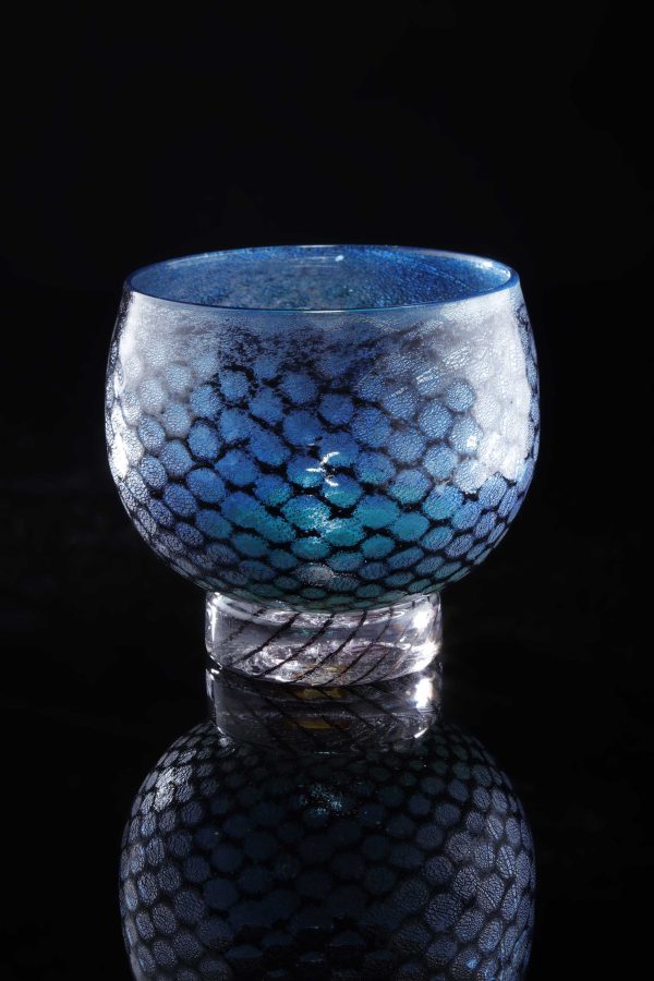 mermaid bowl by allister Malcolm. patterned glass with sterling silver leaf